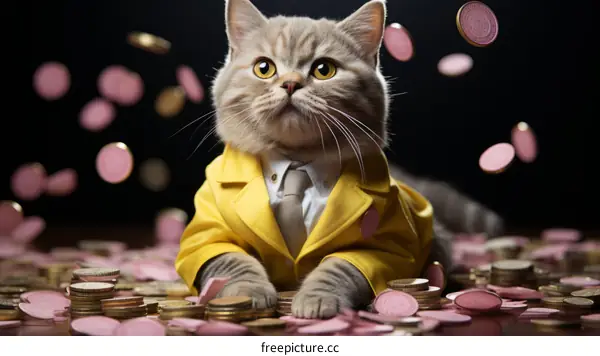 Cat in Suit and Tie Sitting on a Table of Money