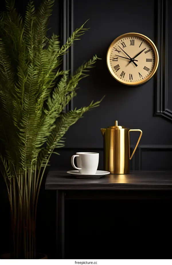 A golden teapot and a white cup on a black table with a fern plant in the background