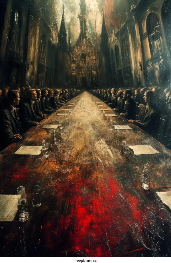 A long table with many people sitting at it