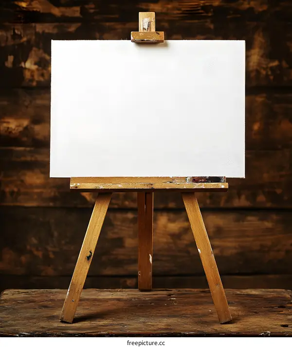 Blank Canvas on Wooden Easel Against Wooden Background