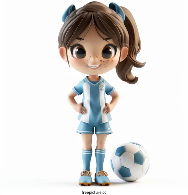Cute cartoon girl in blue and white soccer uniform