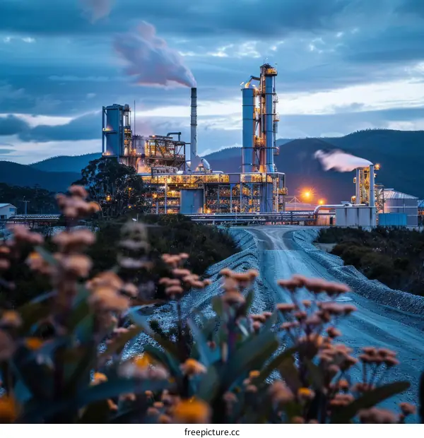 An industrial plant at dusk with smoke coming out of the smokestacks