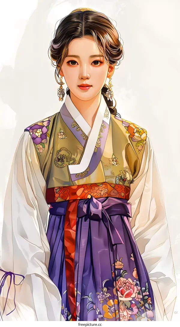 A beautiful illustration of a young woman in a traditional Korean hanbok