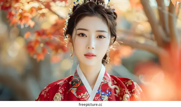 Portrait of a beautiful young woman in traditional Korean dress, or Hanbok