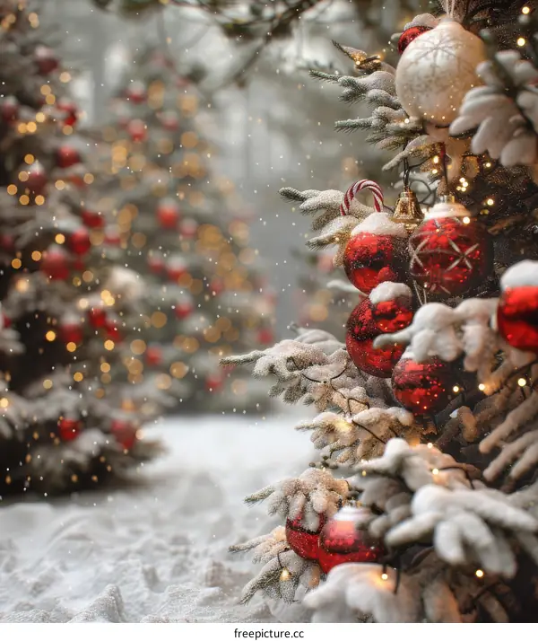 Christmas Tree Decorated with Red Balls and White Snowflakes