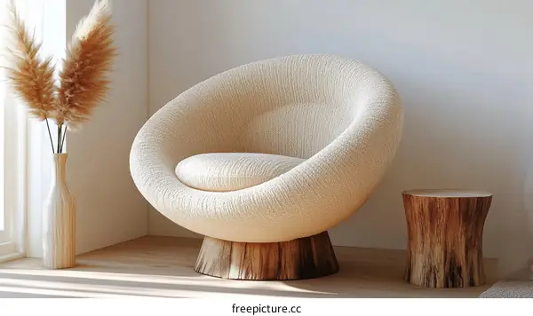 Modern Minimalist Cream Beige Upholstered Armchair and Side Table