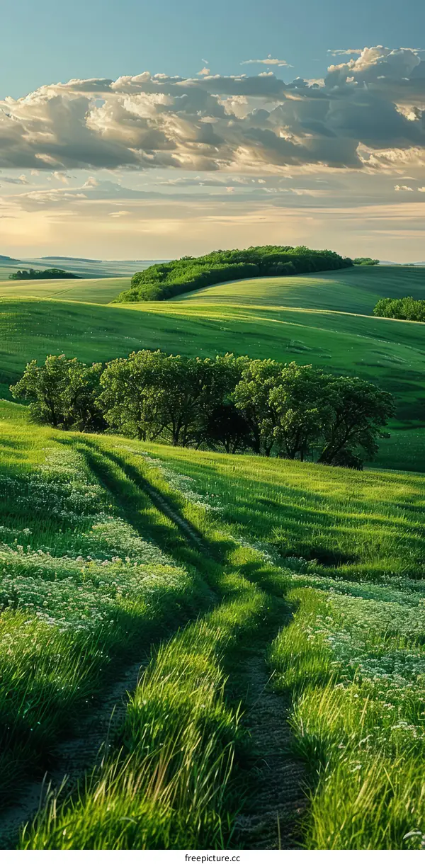 Countryside Landscape with Green Rolling Hills and Trees