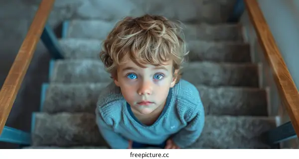 Little boy with blue eyes looking up