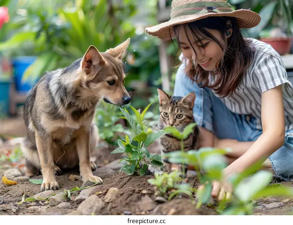 A woman is planting in the garden with a dog and a cat