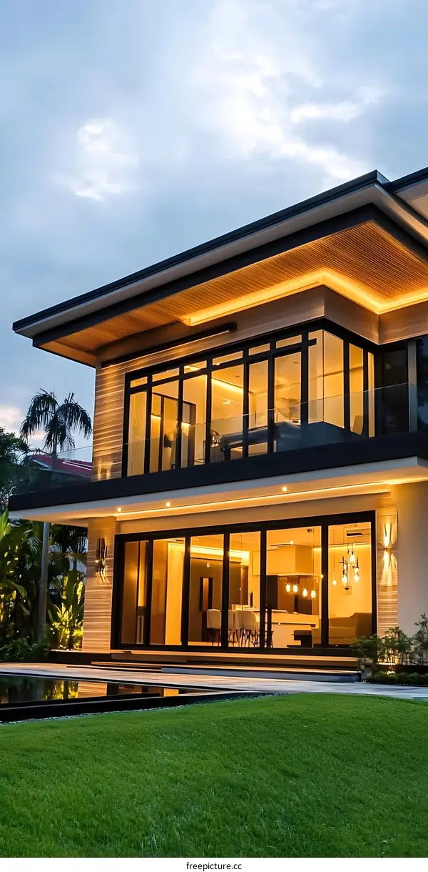 Modern Architecture Home with Swimming Pool and Green Lawn