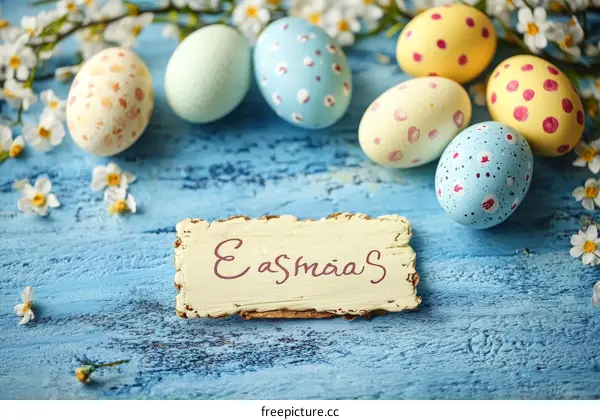 Easter Eggs and Spring Flowers on Wooden Table