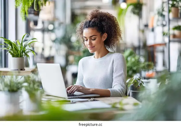 Young Woman Working on a Laptop in a Modern Workspace