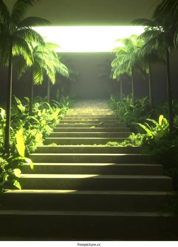 Stone Stairs Leading Up to a Bright Light in a Tropical Jungle