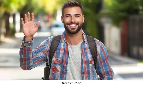 Friendly Caucasian Male Waving Hello Outdoor