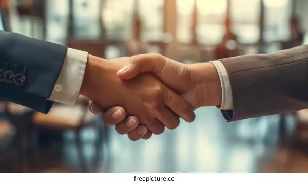 Business handshake agreement between two multiethnic businessmen in suits in a modern office space