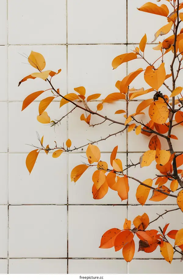 Autumn Leaves Against White Tile Wall
