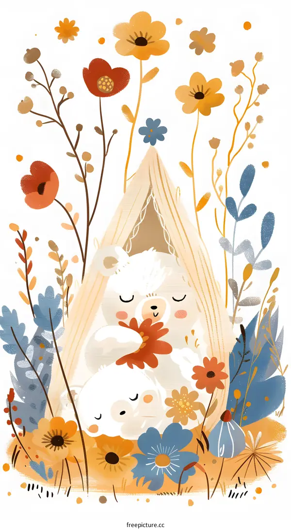 Cute Bears Sleeping in Tent Surrounded by Flowers