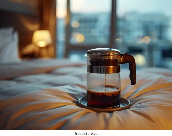 Hotel room with cityscape view at dusk