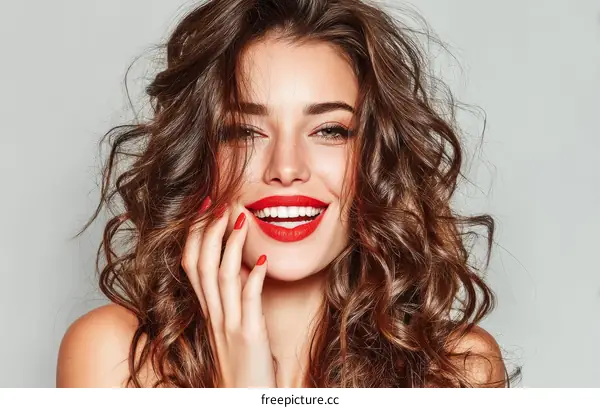 Beautiful Woman with Curly Hair and Red Lips