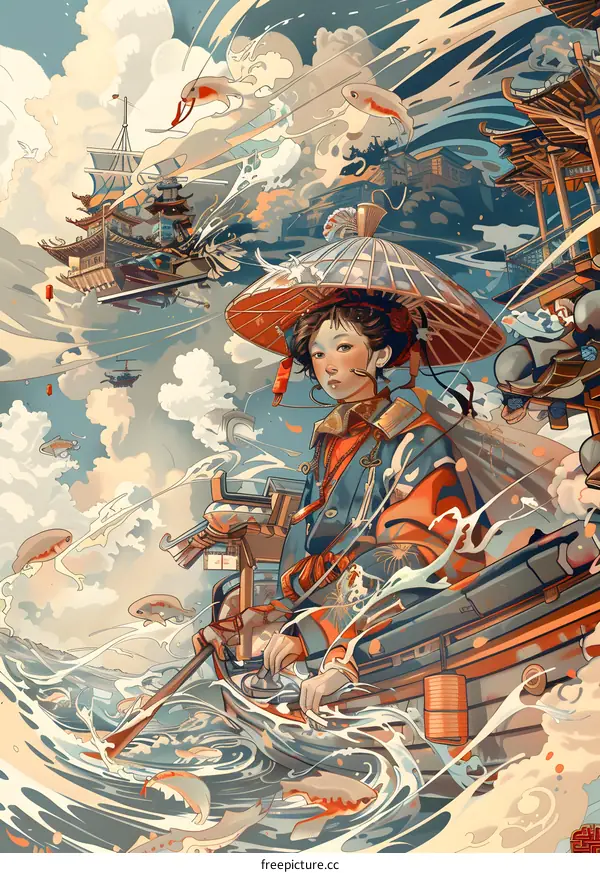 Woman in Traditional Chinese Clothing Sailing in Dreamlike Fantasy World