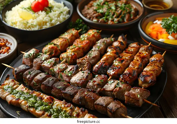 Various grilled meat skewers served with rice and vegetables