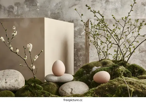 Minimalist Easter Eggs Nestled in Moss and Stone