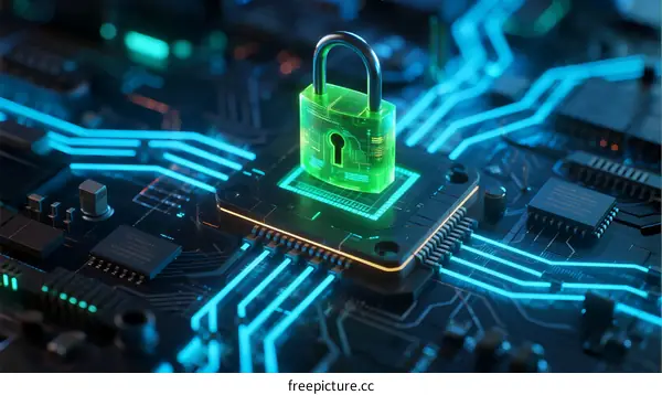 Green Padlock on Circuit Board: Cybersecurity Concept
