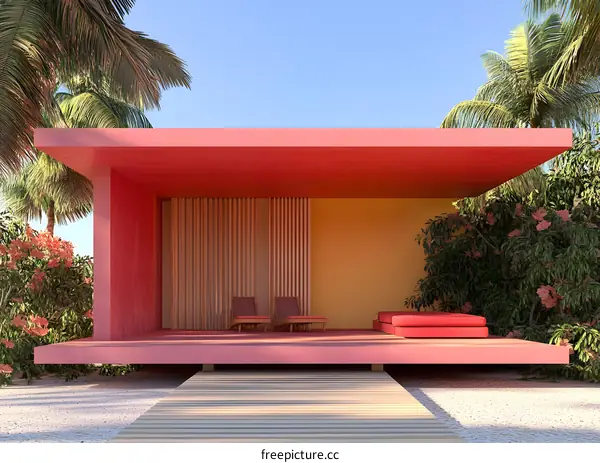 Minimalist Red Patio with Palm Trees