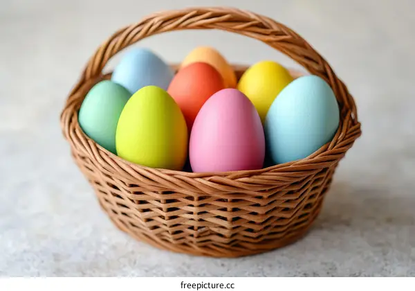 Colorful Easter Eggs in a Wicker Basket