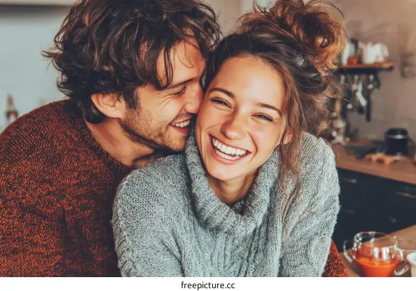 Happy Couple Close Up Portrait in Cozy Kitchen