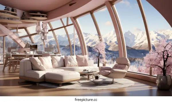 futuristic mountain home interior living room with large windows