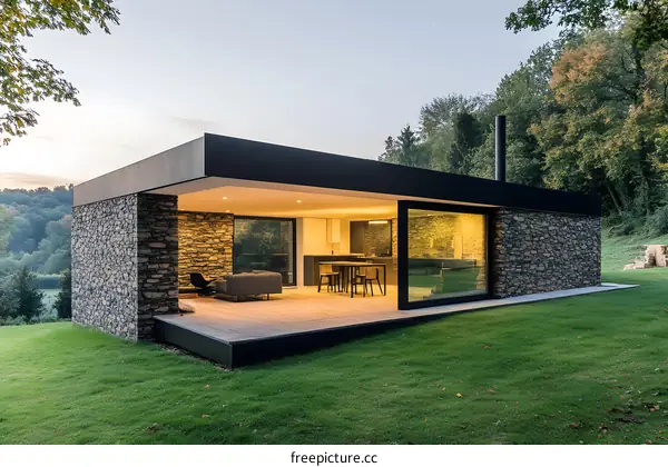 Modern Stone House with Large Windows and a Patio