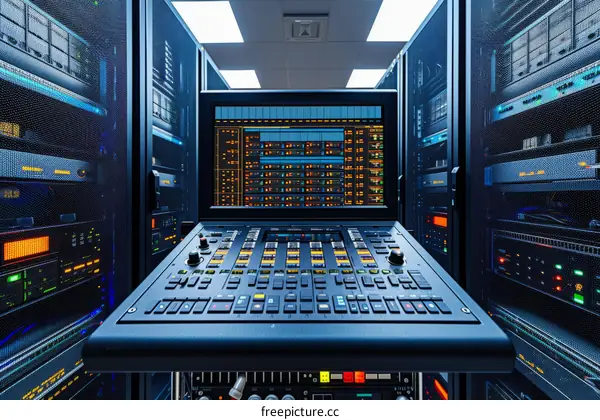 Control room of a radio station with a large mixing console and racks of audio equipment.