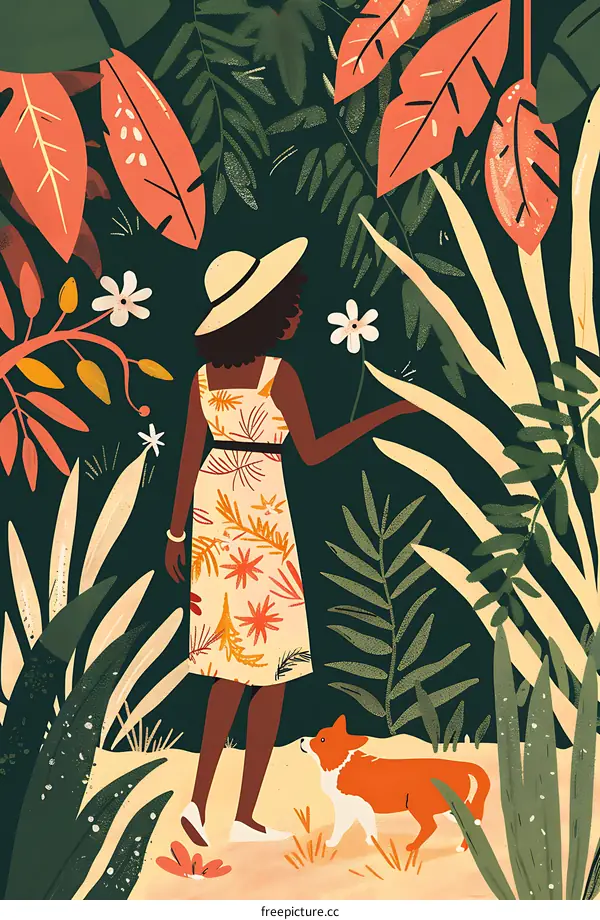 Woman in Dress and Dog in a Tropical Jungle