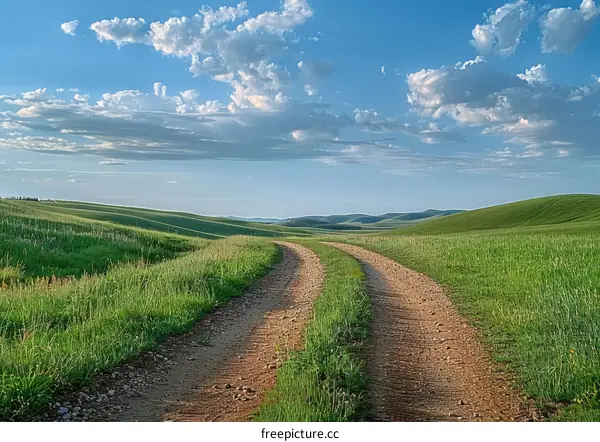 Dirt road through a lush green field