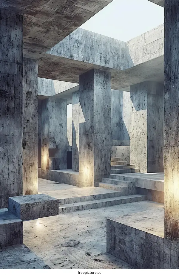 Modern concrete architecture interior with geometric shapes and light