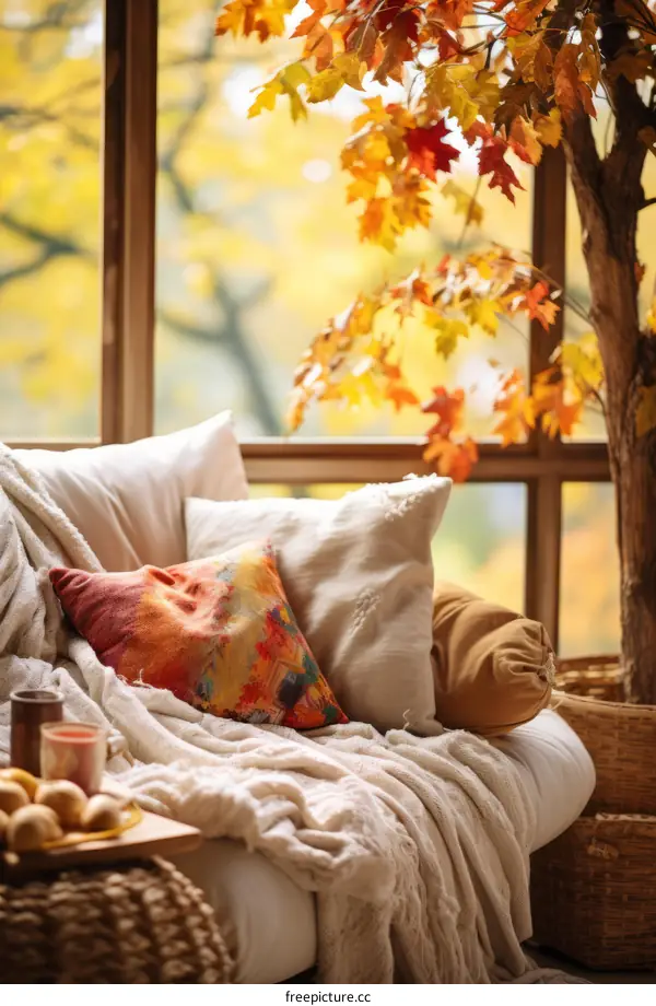 A cozy living room with a large window looking out onto a beautiful fall landscape.