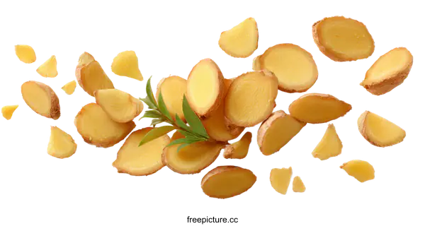 [Transparent Background PNG]Sliced Ginger with Green Leaf on White Background