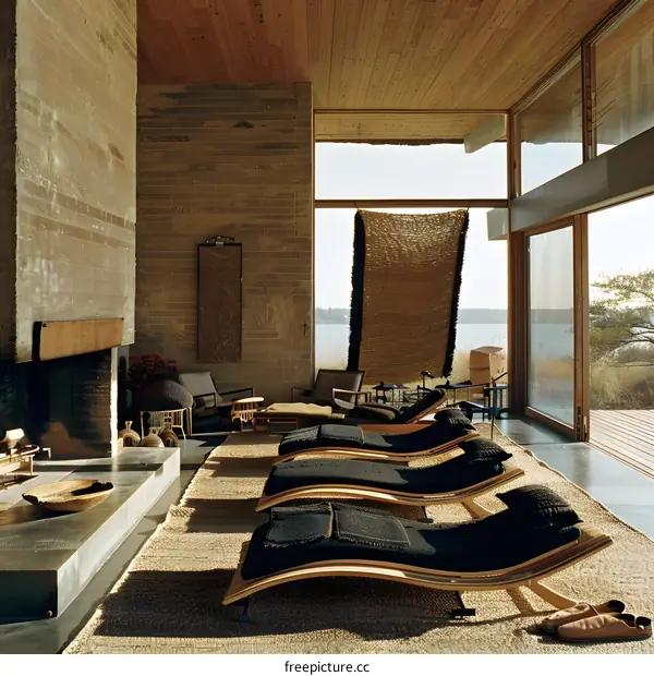 Modern Interior Design with Fireplace and Loungers