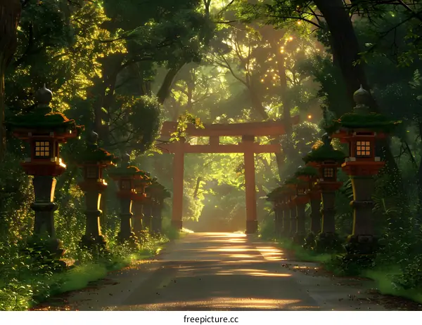 Japanese shrine in the middle of a forest with stone lanterns on both sides