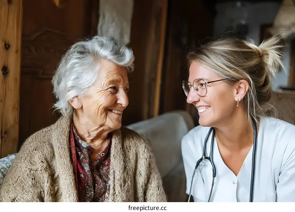 Elderly Caregiver and Patient Smiling