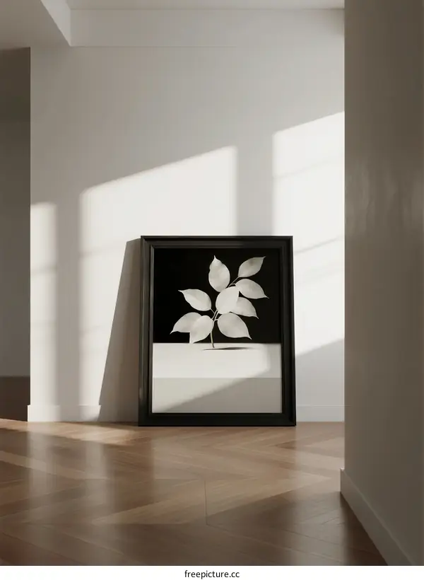 Minimalist Black and White Leaf Art in Modern Room