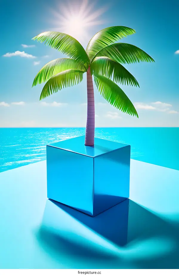 Minimalist Palm Tree on Blue Cube in Ocean