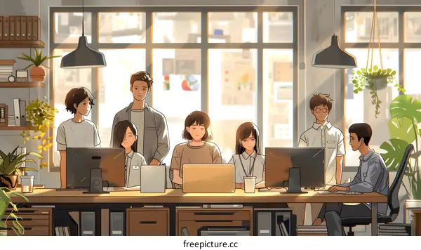 coworkers in a brightly lit office space