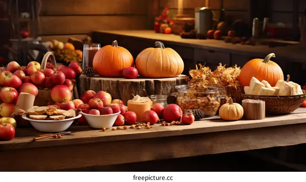 rustic table full of pumpkins and apples