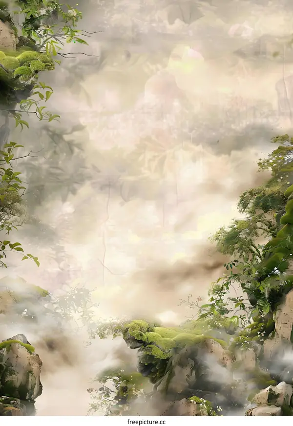 Misty Mountain Scenery with Green Trees and Mossy Rocks