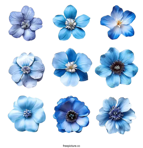 [Transparent Background PNG]Collection of Vibrant Shades of Blue Flowers