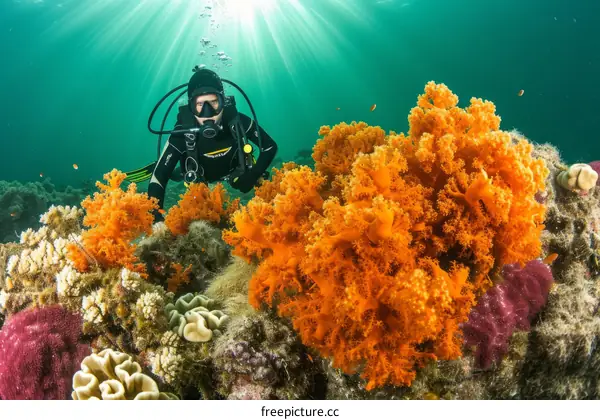 Scuba diver explores a coral reef
