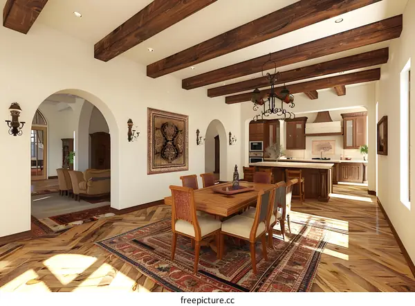 Modern Farmhouse Style Dining Room With Wooden Beams