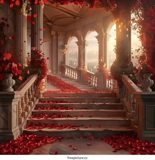 Staircase covered with red rose petals